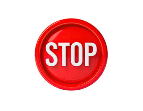 A glossy, red, round button with the word "STOP" in bold, white letters