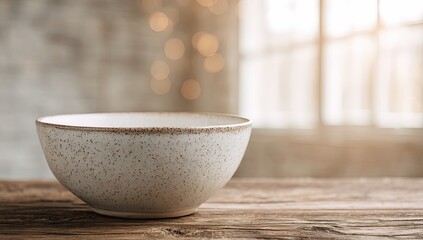 Empty speckled ceramic bowl on rustic wooden table, soft-focus background with window and bokeh lights