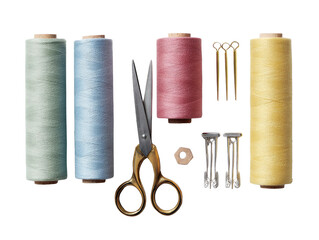 Colorful spools of thread, sharp golden-handled scissors, needles, thimble, and clips arranged, showcasing essential sewing and crafting supplies. background removed