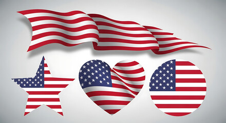 American flag themed shapes including a star heart circle and a waving banner on a light background created with generated ai