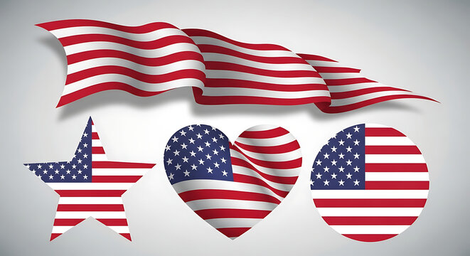 American flag themed shapes including a star heart circle and a waving banner on a light background created with generated ai - Powered by Adobe