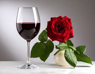 Red wine and rose on marble