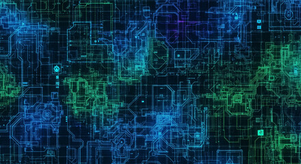 Obraz premium Abstract digital circuit board pattern with glowing neon blue and green lines and geometric shapes creating a futuristic technological network background