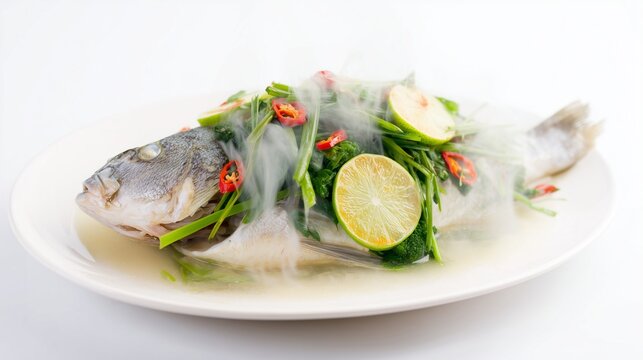 Thai steamed fish with lime and chili (Pla Neung Manao), hot steam effect, white background