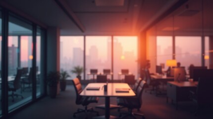 blurred background of a modern office interior with panoramic windows and beautiful lighting, Blurred office meeting room