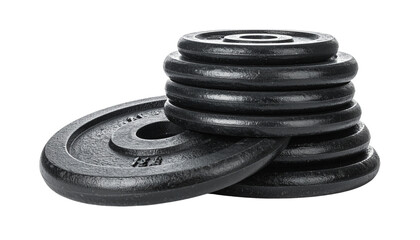 Stack of cast iron weight plates for strength training and fitness exercises isolated on solid white background Png