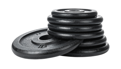 Stack of cast iron weight plates for strength training and fitness exercises isolated on solid white background Png
