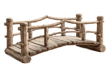 Naklejka premium Rustic wooden arched footbridge with weathered planks and log railings, isolated on white