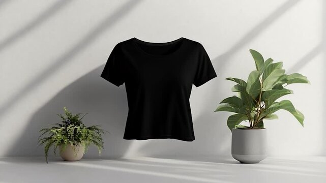 Minimalist Black T-Shirt Mockup with Plants and Shadows.