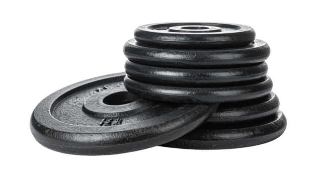 Stack of cast iron weight plates for strength training and fitness exercises isolated on solid white background Png