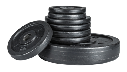 Stack of cast iron weight plates for strength training and fitness exercises isolated on solid white background PNg form