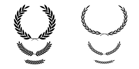 Vintage laurel wreaths. Vector illustration. Black round branches with leaves collection. Circle winner trophy decor elements for award banner, emblem, label, badge. Retro laurel wreaths set. Vector