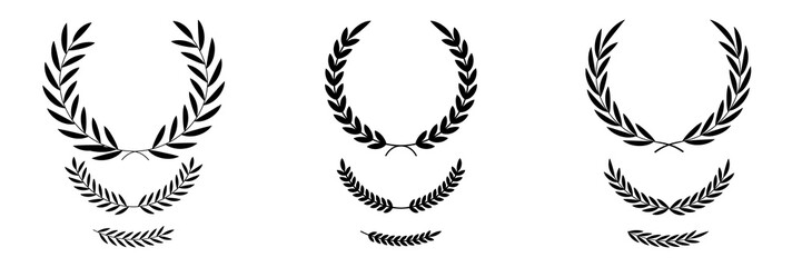 A detailed black laurel wreath, perfect for conveying themes of triumph, academic excellence, or design elements that require classic aesthetics. Vintage Greek olive foliate ornaments pack. Vector