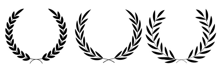 Laurel wreath icon set. Vector illustration. Vector Laurel wreath vector set. Vintage Greek olive foliate ornaments pack. Winner emblem, olive branch silhouette collection. Retro laurel wreaths set.