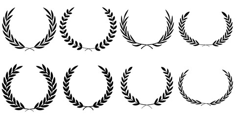 Black circular laurel olive branches greek wreath. Vintage Greek olive foliate ornaments pack. Circle winner trophy decor elements for award banner, emblem, label, badge. Vector illustration. Vector