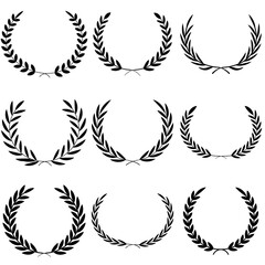 Vintage Greek olive foliate ornaments pack. Black round branches with leaves collection. Laurel wreath vector icon set for logo, badge, award design. Retro laurel wreaths set. Vintage laurel wreaths.