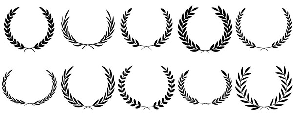 Vintage Greek olive foliate ornaments pack. Symbol of victory, honor, success, achievement, and glory. Laurel wreath vector icon set for logo, badge, award design. Vector Retro laurel wreaths set.