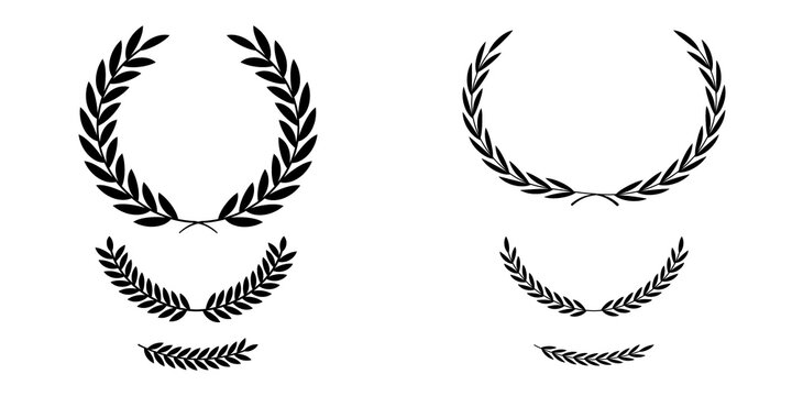 Vintage laurel wreaths. Vector illustration. Black round branches with leaves collection. Circle winner trophy decor elements for award banner, emblem, label, badge. Retro laurel wreaths set. Vector