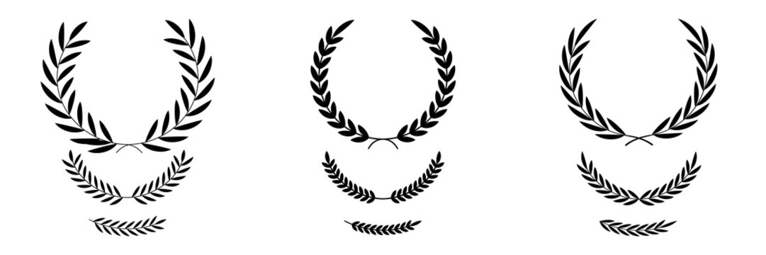 A detailed black laurel wreath, perfect for conveying themes of triumph, academic excellence, or design elements that require classic aesthetics. Vintage Greek olive foliate ornaments pack. Vector