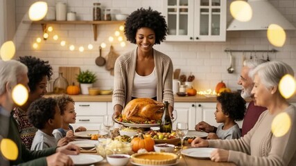 A young black woman holds a dish of roast turkey in her hands. Traditional festive Thanksgiving turkey dinner. - Powered by Adobe