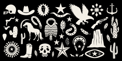 Collection of western and american icons in silhouette on black background