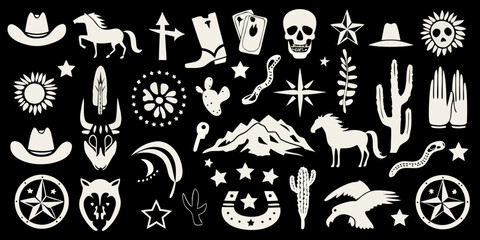 Collection of western and wild west icons and symbols in silhouette style