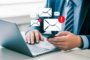 A business person checking an email with the email alert icon. Business executive with a laptop and smartphone checking and reading their email messages