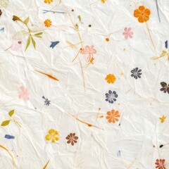 Pressed flowers and leaves scattered on textured paper