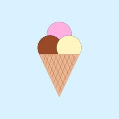Ilustración de helado de tres bolas sobre fondo azul pastel. Diseño dulce, veraniego y moderno para proyectos de comida o carteles.