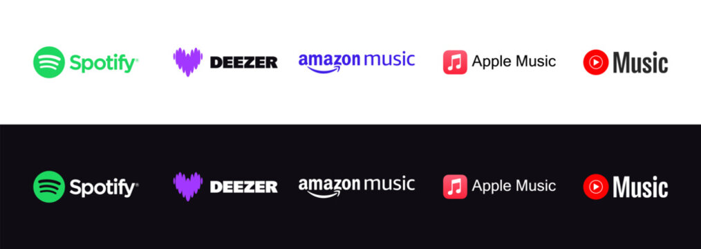 Popular music streaming servise company logo set. Amazon music, apple music, deezer, youtube music, spotify.