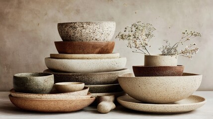 Stacked ceramic bowls and plates in speckled earthy tones.