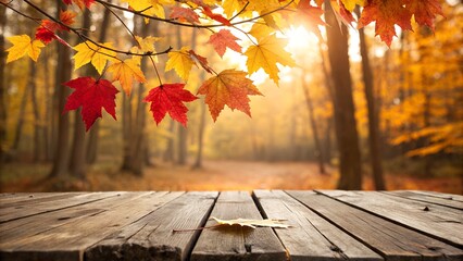 Autumn forest with wooden table and falling leaves