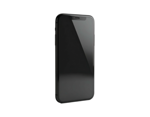 Sleek, black mobile phone angled, showcasing a blank screen on a dark backdrop