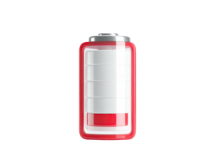 Animated battery graphic showing low charge, transparent background