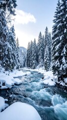 Winter wonderland stream winding through snowy forest