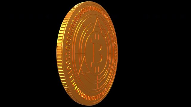 Bitcoin isolated gold coin spinning on transparent background, alpha channel, slow motion 3d