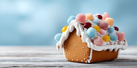 A beautifully decorated gingerbread house with colorful candies and icing, perfect for holiday celebrations.