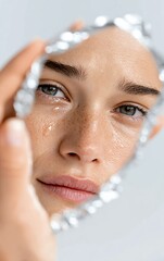 A candid close-up of a young woman examining her reflection in a mirror, capturing raw emotion and beauty.