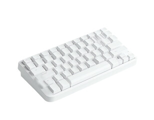 Isometric, all-white, minimalist mechanical keyboard. Isolated on a black background