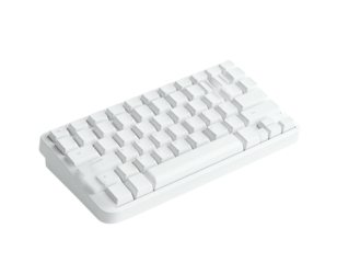 Isometric, all-white, minimalist mechanical keyboard. Isolated on a black background