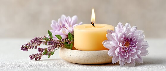 A calming scene featuring a lit candle surrounded by fresh flowers, creating a serene atmosphere for relaxation.