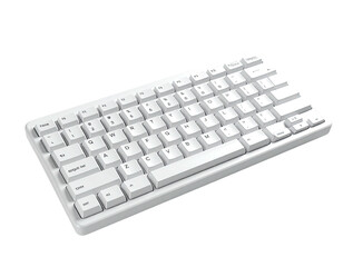 Angled shot of a modern, white, compact keyboard on a black background