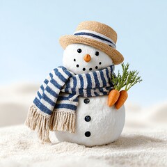 A charming snowman wearing a hat and scarf, holding a carrot in a snowy landscape.