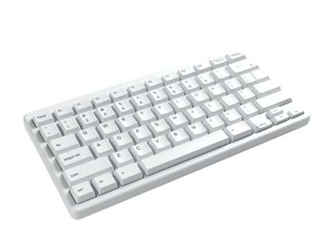 Angled shot of a modern, white, compact keyboard on a black background