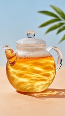 A clear glass teapot filled with steaming golden tea, showcasing vibrant reflections and a tranquil ambiance.