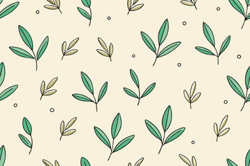 Hand drawn seamless pattern of green leaves and small dots on a cream background