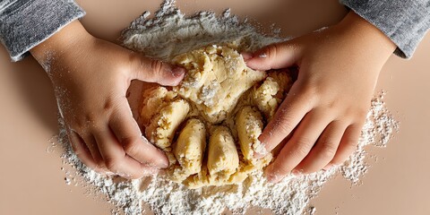 A child's hands kneading dough, surrounded by flour on a light surface, capturing the joy of baking.