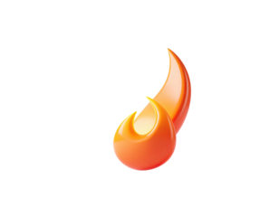 A stylized 3D flame graphic element with a glossy orange and yellow gradient