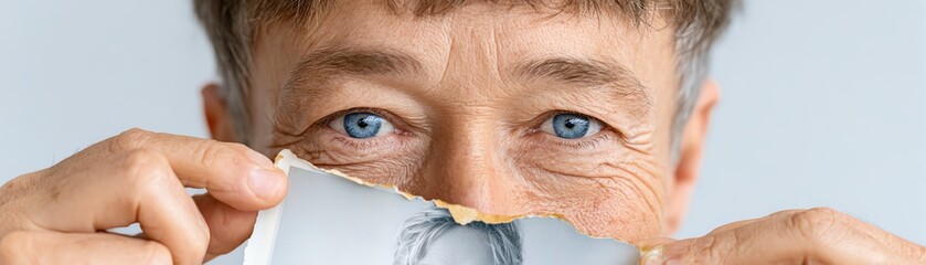 A close-up portrait of an expressive individual revealing emotions through art and imagery.