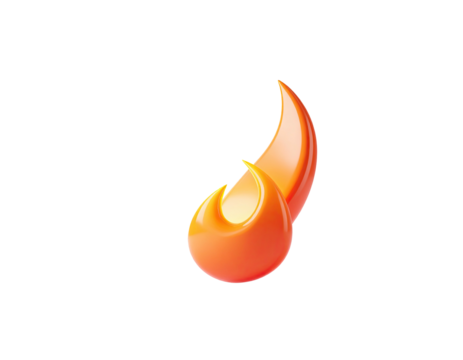 A stylized 3D flame graphic element with a glossy orange and yellow gradient